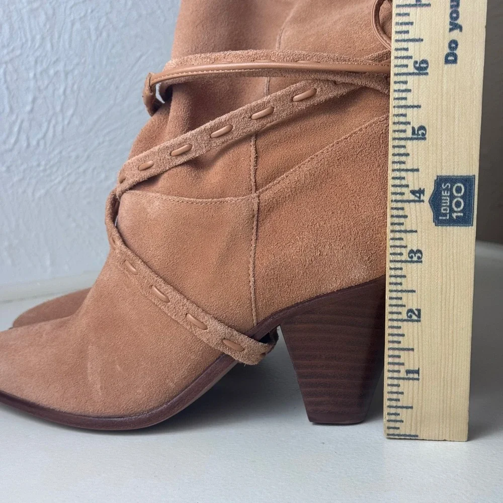 Schutz Portia Suede Ankle Boots Honey Peach Tan Leather Wrap Straps Size 6B - Picture 9 of 9